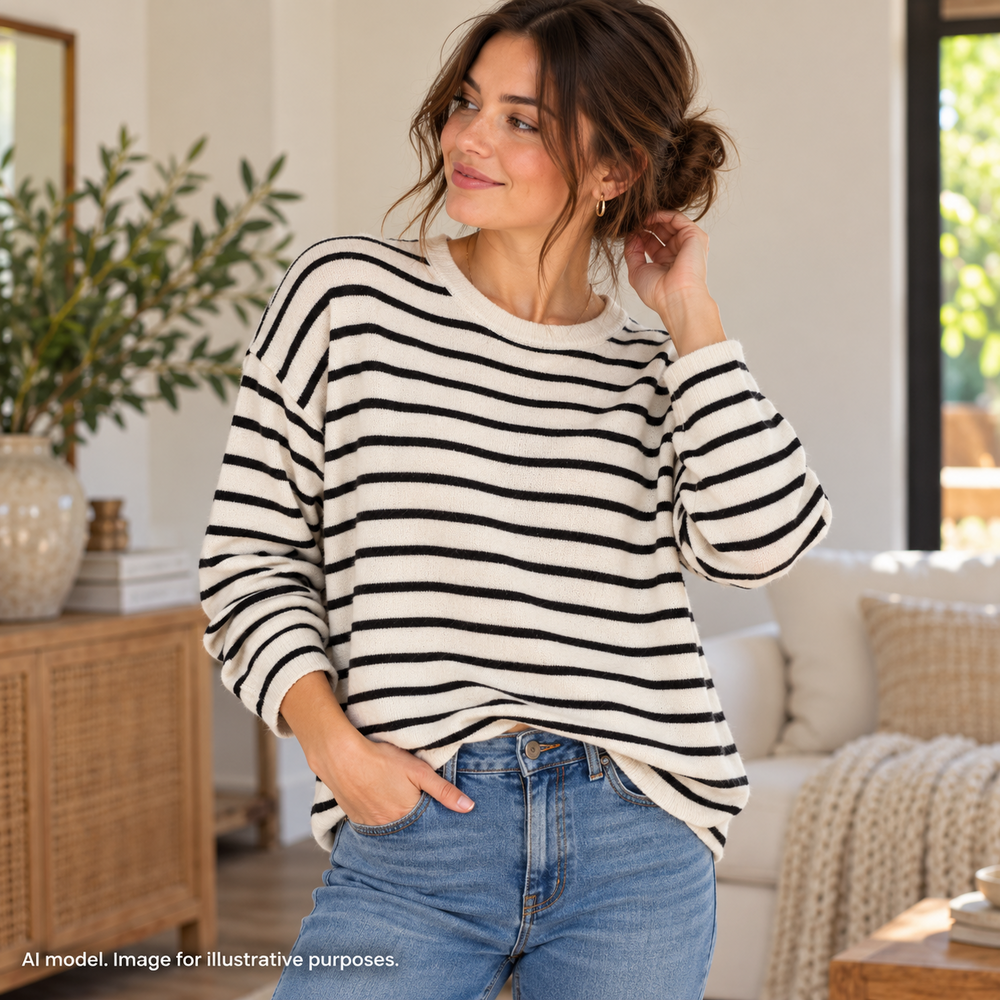 Eileen Fisher Sweater Womens Medium White Black Stripe Merino Wool Crewneck Knit